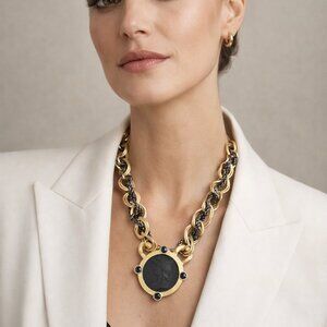 SM2525-Z 17" 24K Plated Toulon Chain  Woven Graphite Cheval Chain by FRENCH Kan